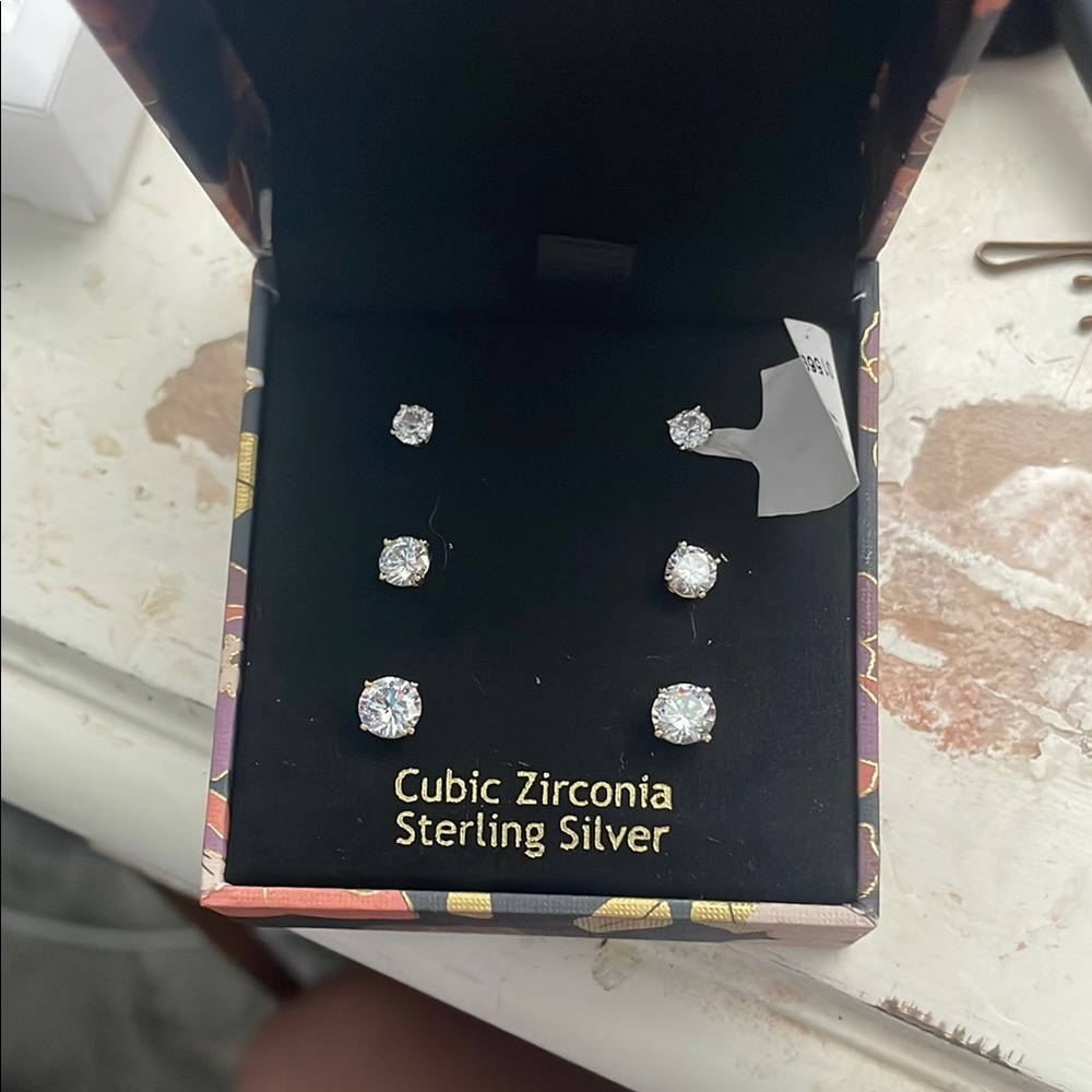 Cubic Zirconia Sterling Silver Stud Earrings Set